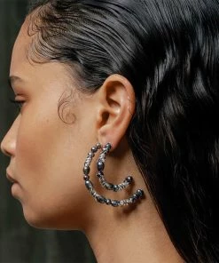 SS22 RUTHLESS. Barbed Wire & Black Pearl Hoop Earrings - Silver