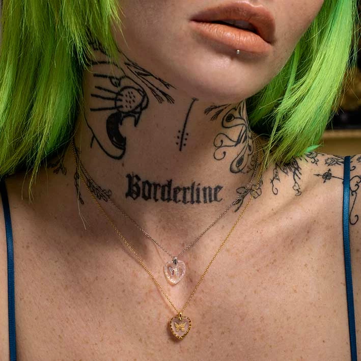 CLASSICS NEW DAWN. Butterfly Engraved Glass Heart Necklace - Silver Necklaces & Chains 2 CLASSICS NEW DAWN. Butterfly Engraved Glass Heart Necklace - Silver Necklaces & Chains