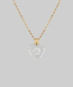 End Of Line FAR & AWAY. Vintage Glass Heart Engraved Unicorn Pendant Necklace - Gold