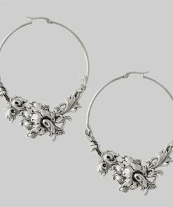 CLASSICS PARADISE. Ornate Floral Hoop Earrings - Silver