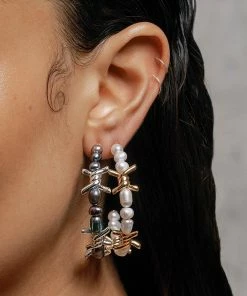 SS22 RUTHLESS. Barbed Wire & Ivory Pearl Large Hoop Earrings - Gold