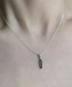 End Of Line MORALITY. Tiny Skeleton Coffin Silver Necklace