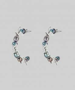 SS22 RUTHLESS. Barbed Wire & Black Pearl Hoop Earrings - Silver