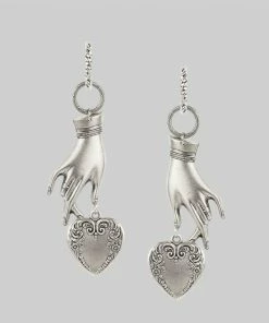 End Of Line NEVER LET GO. Hand & Heart Earrings - Silver