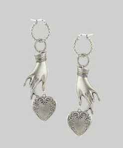 End Of Line NEVER LET GO. Hand & Heart Earrings - Silver