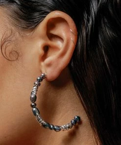SS22 RUTHLESS. Barbed Wire & Black Pearl Large Hoop Earrings - Silver
