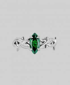 SS22 Rings REVIVAL. Green CZ Thorn Band Ring - Silver