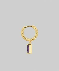 CLASSICS NYMPH. Dangly Amethyst Rectangle Hoop Earrings - Gold