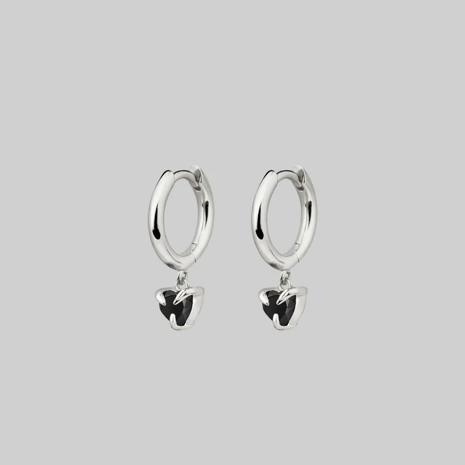 CLASSICS HEART & SOUL. Black Spinel Dangly Heart Hoop Earrings - Silver 4 CLASSICS HEART & SOUL. Black Spinel Dangly Heart Hoop Earrings - Silver