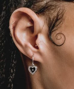 CLASSICS SOLEMN. Black Enamel Heart Hoop Earrings - Silver