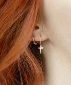 End Of Line HONOUR. Cross Hoop 9K Gold Earrings
