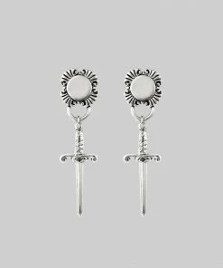 AW21 SACRAMENT. Ornate Shield & Sword Earrings - Silver