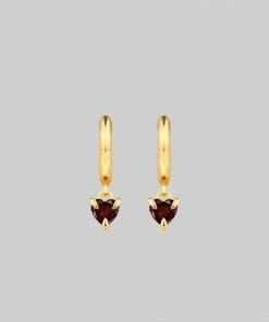 CLASSICS HEART & SOUL. Garnet Dangly Heart Hoop Earrings - Gold 10 CLASSICS HEART & SOUL. Garnet Dangly Heart Hoop Earrings - Gold