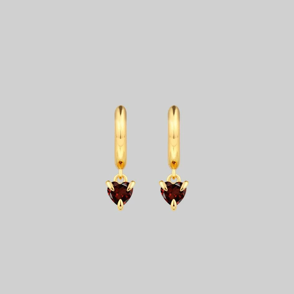 CLASSICS HEART & SOUL. Garnet Dangly Heart Hoop Earrings - Gold 3 CLASSICS HEART & SOUL. Garnet Dangly Heart Hoop Earrings - Gold