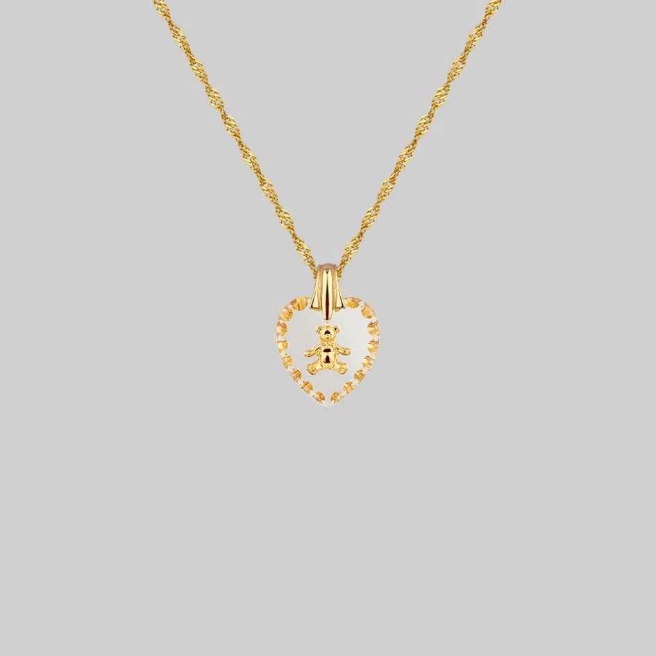 End Of Line MABEL. Teddy Bear Engraved Glass Heart Necklace - Gold 2 End Of Line MABEL. Teddy Bear Engraved Glass Heart Necklace - Gold