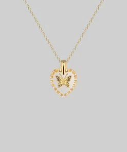 CLASSICS NEW DAWN. Butterfly Engraved Glass Heart Necklace - Gold