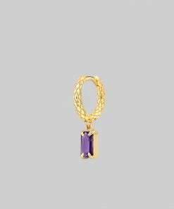 CLASSICS NYMPH. Dangly Amethyst Rectangle Hoop Earrings - Gold