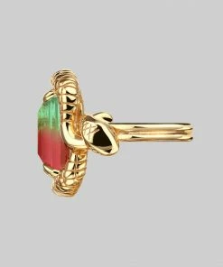 BLACK FRIDAY 2021 MALICE. Tourmaline CZ Coiled Snake Cocktail Ring - Gold