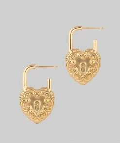 End Of Line KEEPER. Ornate Heart Padlock Gold Earrings
