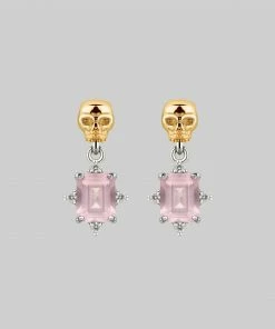 VALENTINES 2022 STAR CROSSED LOVERS. Rose Quartz & Skull Earrings - Silver