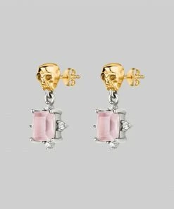 VALENTINES 2022 STAR CROSSED LOVERS. Rose Quartz & Skull Earrings - Silver