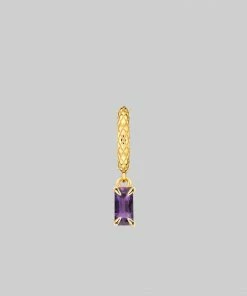 CLASSICS NYMPH. Dangly Amethyst Rectangle Hoop Earrings - Gold