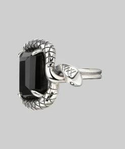 BLACK FRIDAY 2021 MALICE. Black Spinel Coiled Snake Cocktail Ring - Silver