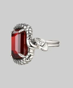 BLACK FRIDAY 2021 MALICE. Garnet CZ Coiled Snake Cocktail Ring - Silver Rings
