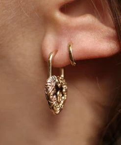 End Of Line KEEPER. Ornate Heart Padlock Gold Earrings