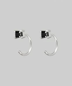 CLASSICS Rectangle Black Spinel Huggie Hoop Earrings - Silver