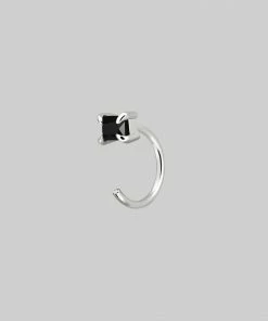 CLASSICS Rectangle Black Spinel Huggie Hoop Earrings - Silver