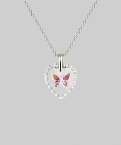 CLASSICS NEW DAWN. Butterfly Engraved Glass Heart Necklace - Silver Necklaces & Chains