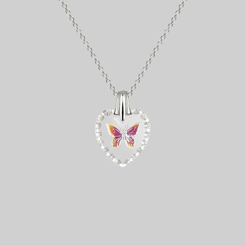 CLASSICS NEW DAWN. Butterfly Engraved Glass Heart Necklace - Silver Necklaces & Chains 1 CLASSICS NEW DAWN. Butterfly Engraved Glass Heart Necklace - Silver Necklaces & Chains