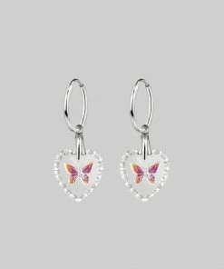 CLASSICS NEW DAWN. Butterfly Glass Heart Hoop Earrings - Silver