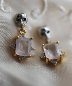 VALENTINES 2022 STAR CROSSED LOVERS. Rose Quartz & Skull Earrings - Gold