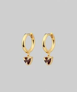 CLASSICS HEART & SOUL. Garnet Dangly Heart Hoop Earrings - Gold 11 CLASSICS HEART & SOUL. Garnet Dangly Heart Hoop Earrings - Gold