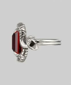 BLACK FRIDAY 2021 MALICE. Garnet CZ Coiled Snake Cocktail Ring - Silver Rings