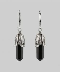 CLASSICS DEATH BLOOM. Black Agate Gemstone Earrings - Silver
