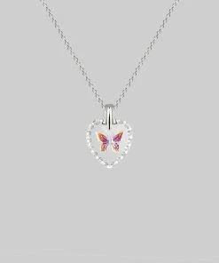 CLASSICS NEW DAWN. Butterfly Engraved Glass Heart Necklace - Silver Necklaces & Chains 6 CLASSICS NEW DAWN. Butterfly Engraved Glass Heart Necklace - Silver Necklaces & Chains