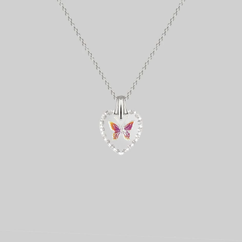 CLASSICS NEW DAWN. Butterfly Engraved Glass Heart Necklace - Silver Necklaces & Chains 3 CLASSICS NEW DAWN. Butterfly Engraved Glass Heart Necklace - Silver Necklaces & Chains