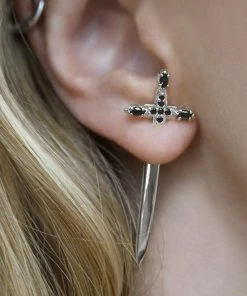 CLASSICS SLAY. Black Spinel Silver Dagger Single Earring Earrings
