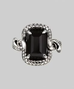 BLACK FRIDAY 2021 MALICE. Black Spinel Coiled Snake Cocktail Ring - Silver