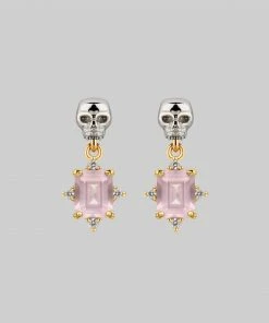 VALENTINES 2022 STAR CROSSED LOVERS. Rose Quartz & Skull Earrings - Gold