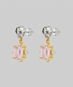 VALENTINES 2022 STAR CROSSED LOVERS. Rose Quartz & Skull Earrings - Gold
