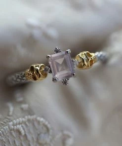 VALENTINES 2022 STAR CROSSED LOVERS. Rose Quartz & Skulls Ring - Silver Rings