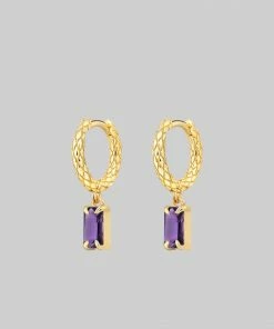 CLASSICS NYMPH. Dangly Amethyst Rectangle Hoop Earrings - Gold