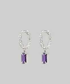 CLASSICS NYMPH. Dangly Amethyst Rectangle Hoop Earrings - Silver