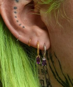 CLASSICS NYMPH. Dangly Amethyst Rectangle Hoop Earrings - Silver