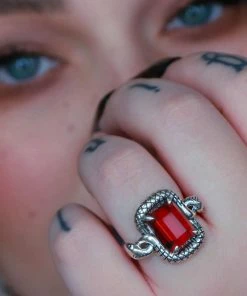 BLACK FRIDAY 2021 MALICE. Garnet CZ Coiled Snake Cocktail Ring - Silver Rings