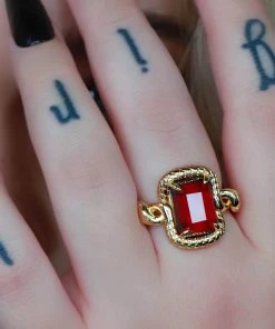 BLACK FRIDAY 2021 MALICE. Garnet CZ Coiled Snake Cocktail Ring - Gold Rings